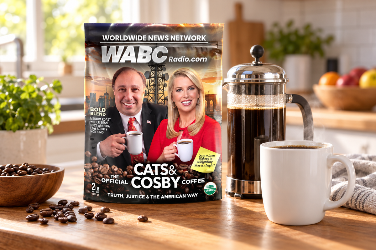 Cats & Cosby Coffee bag beside a French press and a mug of fresh coffee on a kitchen counter