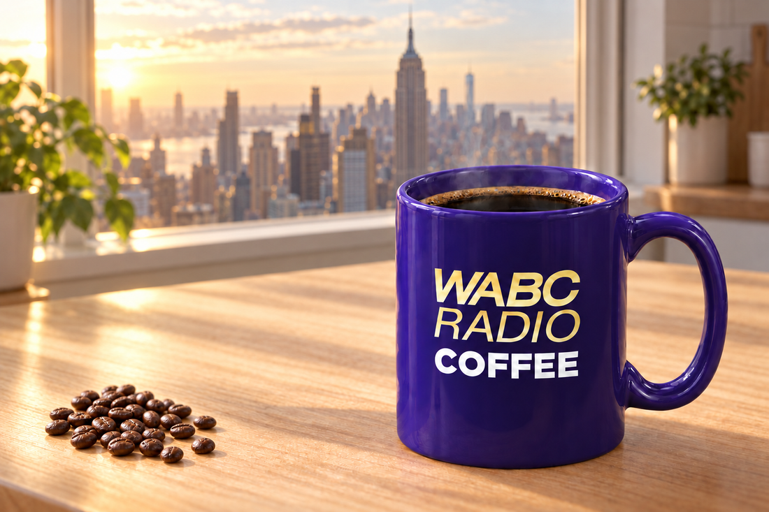 Purple WABC coffee mug filled with fresh black coffee on a wooden table with a New York City skyline behind it