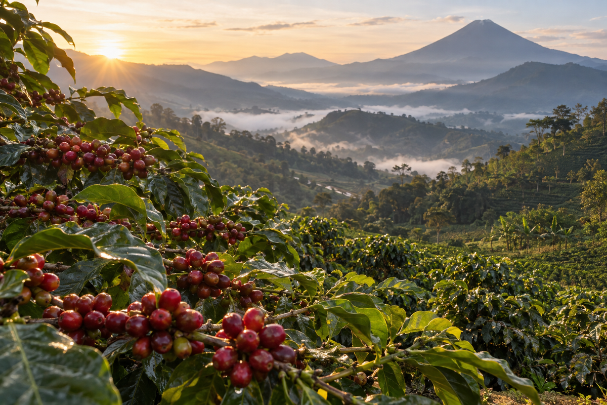 Ripe red coffee cherries on the branch at a high-altitude coffee farm with misty volcanic hills at sunrise