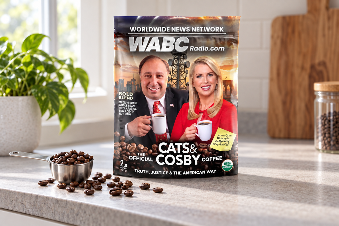 Resealable Cats & Cosby Coffee pouch on a kitchen counter beside a scoop of whole coffee beans